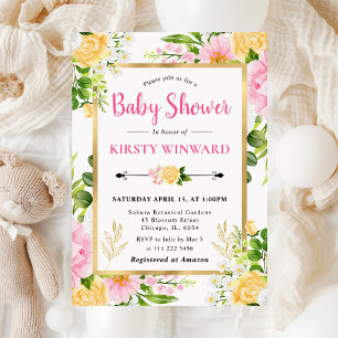 Convites Chuva de Pétalas Rosa e Amarela Baby Shower