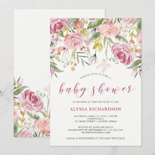 Convites Chuva de Pétalas Rosa e Dourado Floral Chá de Bebê