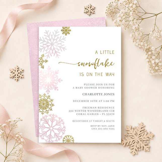 Convites Chuva de Pétalas Rosa Floco de Neve Babyshower de  (Winter Wonderland Baby Shower Invitation)