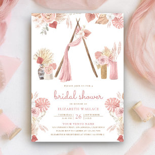Convites Chuva de Pétalas Rosa Floral Boho Festa de Noivado