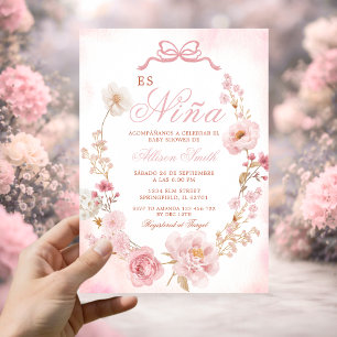 Convites Chuva de Pétalas Rosa Nina Shower de Bebê Espanhol