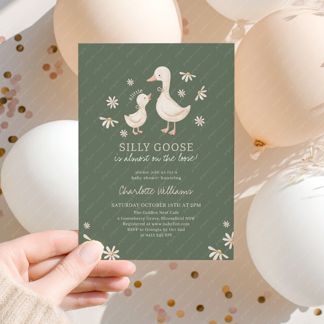 Convites Chuva de Pétalas Silvestres Bebê Shower Verde Escu (Dark Green Baby Shower Invitation | Silly Goose on the loose. Cute Geese and daisy flower design. )