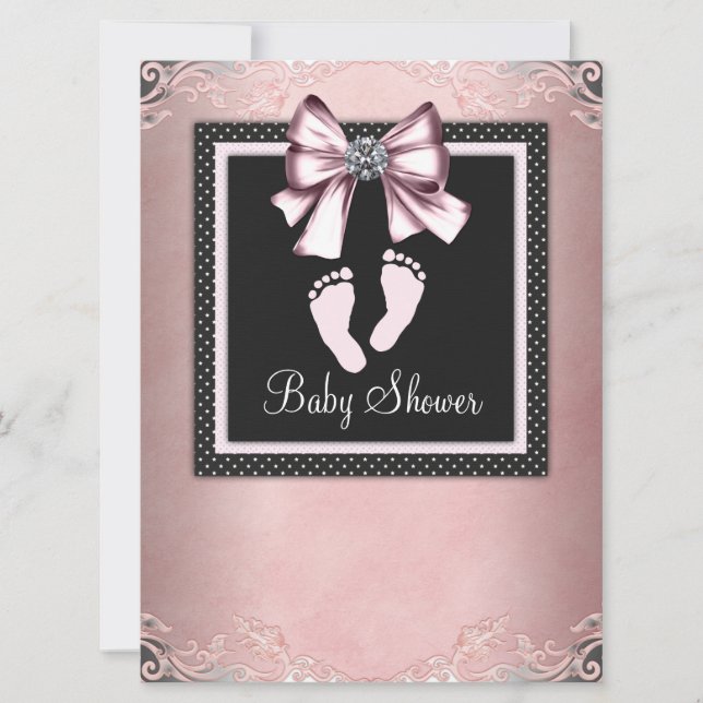 Convites Chuva de Pink Black Pink Pegadas Baby Shower (Frente)