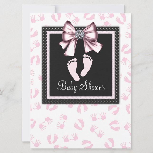 Convites Chuva de Pink Black Pink Pegadas Baby Shower (Frente)