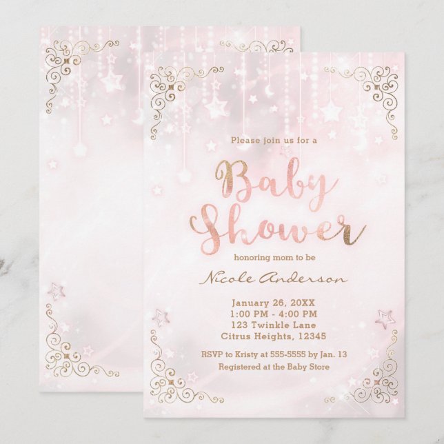Convites Chuva de Pink e Dourado Brilho Celestial Baby Show (Frente/Verso)