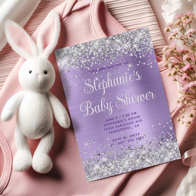 Convites Chuva de Prata Bebê Rosa Lilás Pálido (Silver Glitter Pale Purple Baby Shower Invitation)
