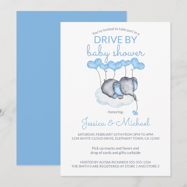 Convites Chuva de Presença no Chá de Bebê com Elefante Azul (Frente/Verso)