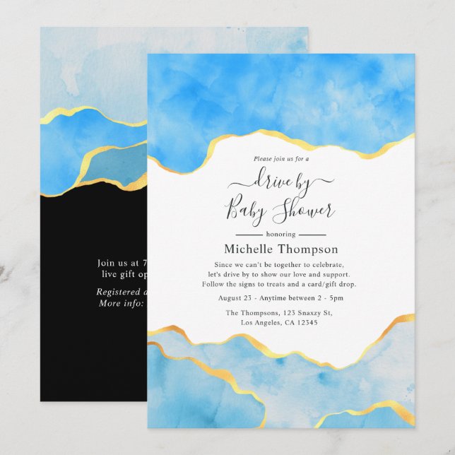 Convites Chuva de Presente Baby Blue e Ágata Dourada (Frente/Verso)