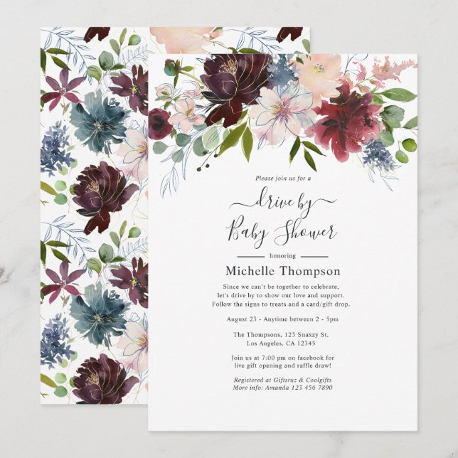Convites Chuva de Presentes Burgundy, Navy e Floral Blush (Frente/Verso)