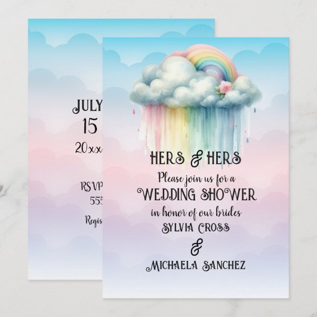 Convites Chuva de Presentes de Casamento Lésbica HERS & HER (Frente/Verso)