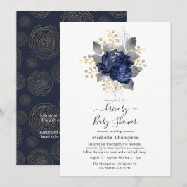 Convites Chuva de Presentes Floral Azul Marinho, Dourado e