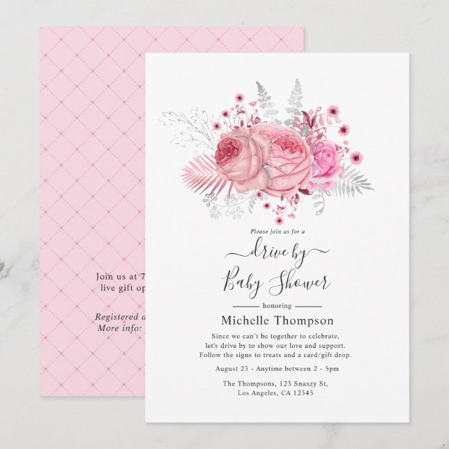 Convites Chuva de Presentes Floral com Brilho Rosa e Prata (Frente/Verso)