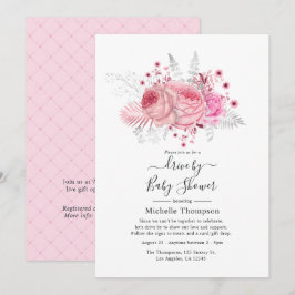 Convites Chuva de Presentes Floral com Brilho Rosa e Prata