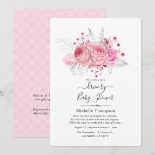 Convites Chuva de Presentes Floral com Brilho Rosa e Prata