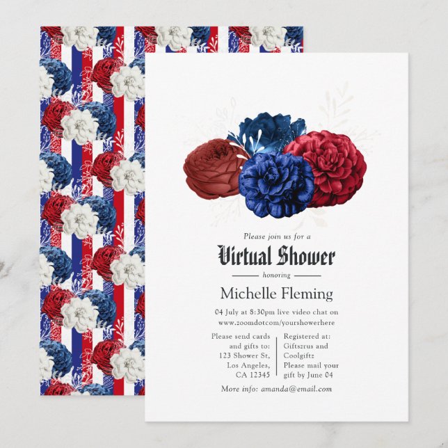 Convites Chuva de Presentes Floral Vermelho Branco e Azul 4 (Frente/Verso)