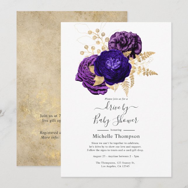 Convites Chuva de Presentes Floral Violeta, Roxo e Dourado (Frente/Verso)