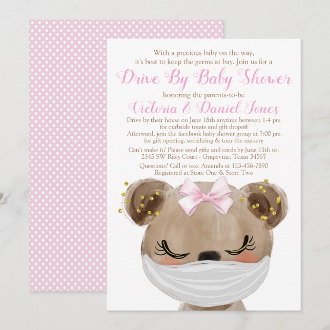 Convites Chuva de Presentes para Bebê Menina Urso com Másca (Frente/Verso)