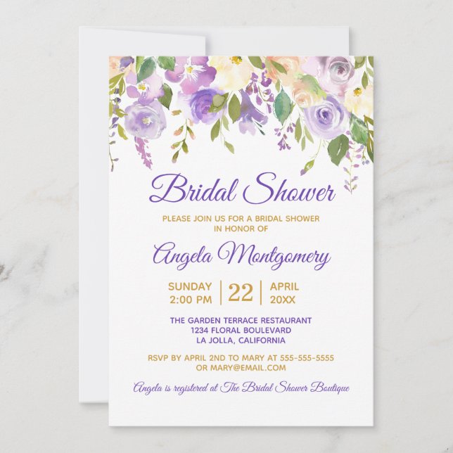 Convites Chuva de Presentes Roxo Dourado Floral Aquarela (Frente)