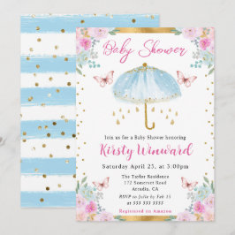 Convites Chuva de Primavera Guarda-Chuva Azul Dourado Bebe