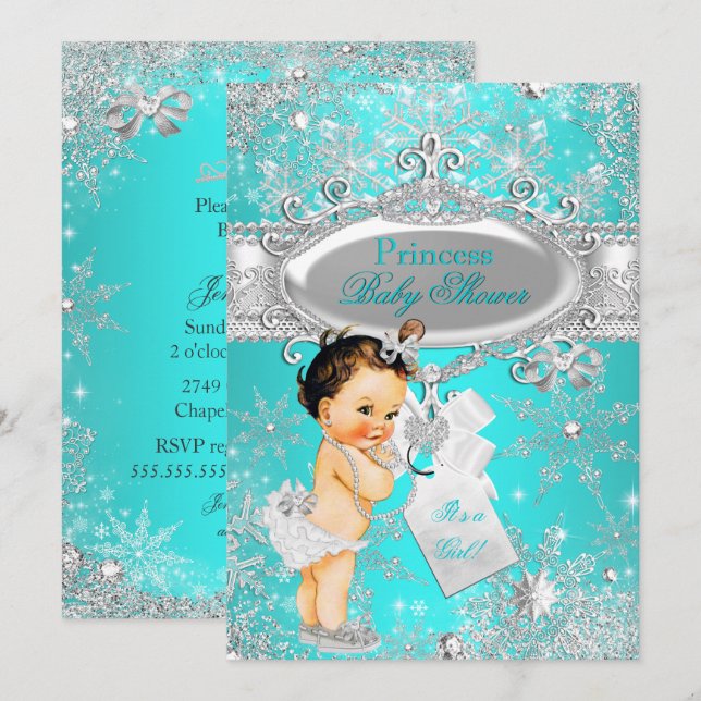 Convites Chuva de Princesa Aqua Natal Baby Shower Marrom (Frente/Verso)