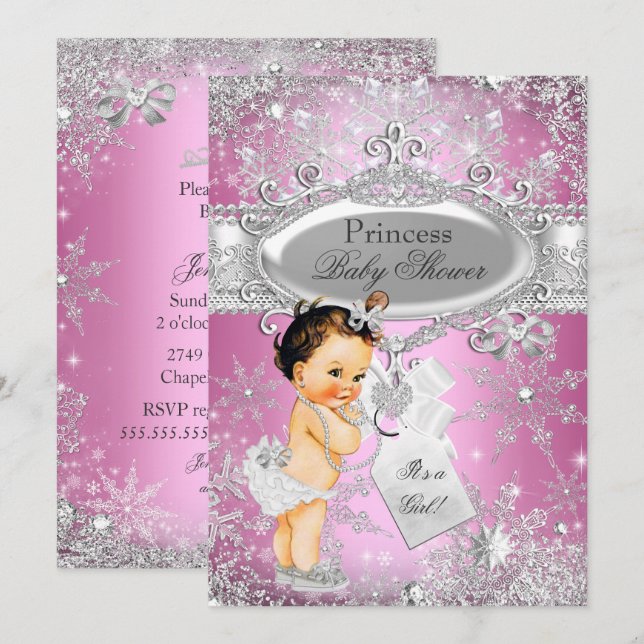 Convites Chuva de Princesa Rosa Natal de Inverno Baby Showe (Frente/Verso)