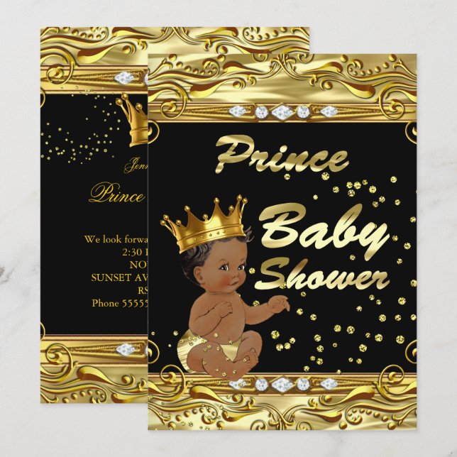 Convites Chuva de Principe Preto e Dourado para Chá de Bebê (Frente/Verso)