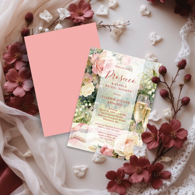 Convites Chuva de Prosecco e Pérolas Rosa Chic Bridal Showe (Pink Chic Serene Prosecco & Pearls Glitter Bridal Shower Invitation Cards.)