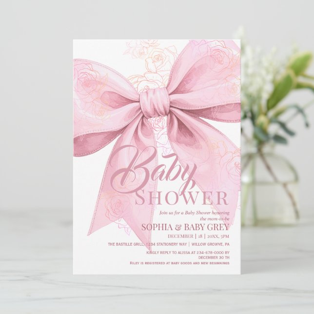 Convites Chuva de Rosa Baby Shower  (Em pé/Frente)