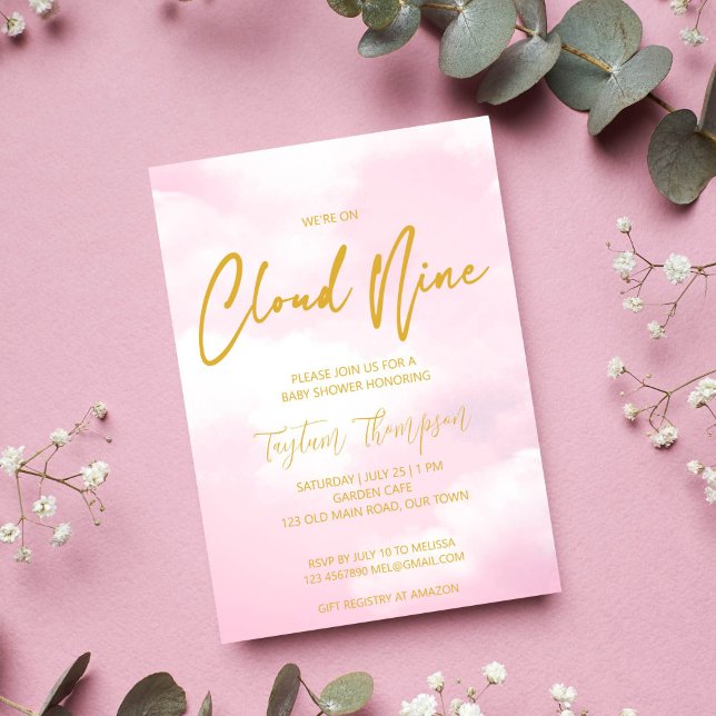 Convites Chuva de rosa e dourado baby shower (Cloud nine baby shower invitation template pink and gold on cloud nine invite instant download)