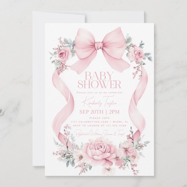 Convites Chuva de Rosas Bebê Shower Rosa Coquete (Frente)