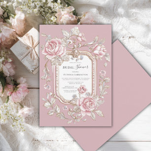 Convites Chuva de Rosas Cor-de-Rosa Vintage para Chá de Noi
