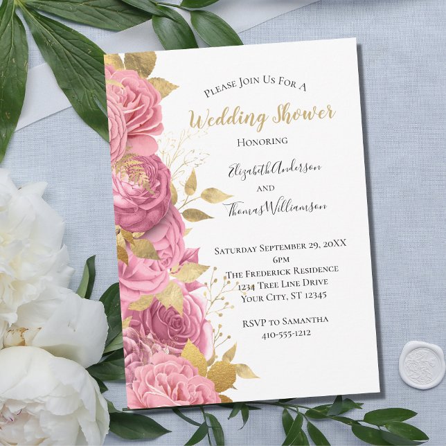 Convites Chuva de Rosas Douradas Rosa Casamento Formal (Criador carregado)