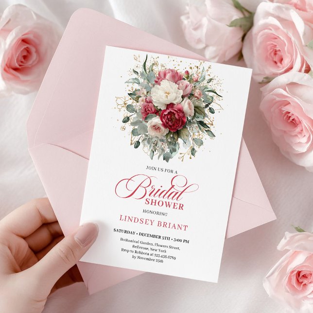Convites Chuva de Rosas Douradas Rubi Bohemianas Românticas (Romantic Bohemian Ruby Blush Gold Roses Shower Invite

)