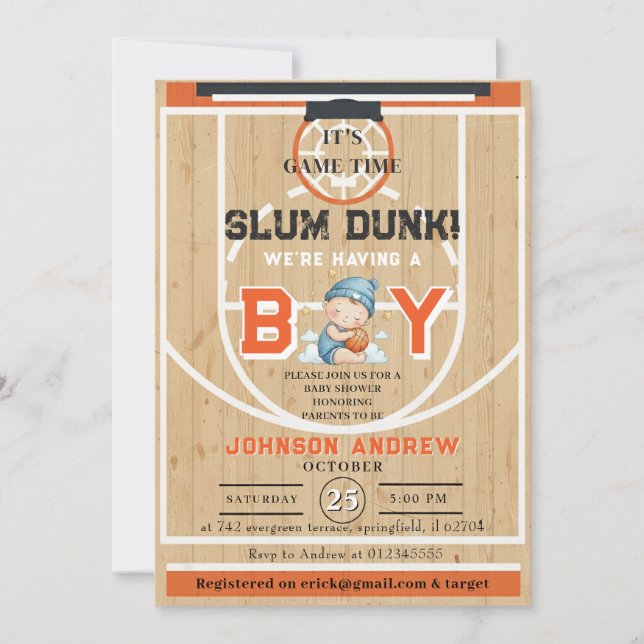Convites Chuva de Slam Dunk de Basquete Pessoal para Chá de (Frente)