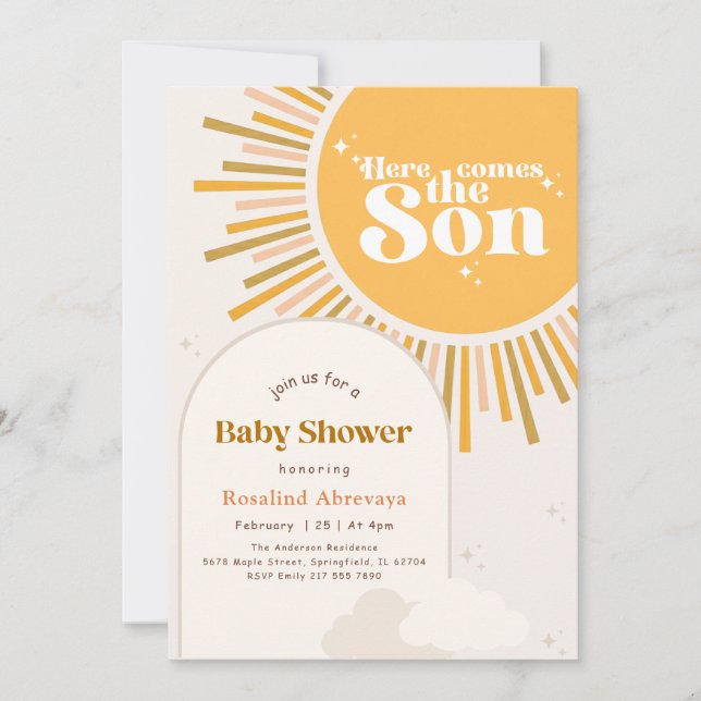 Convites Chuva de Sol Moderno Retro Chá de Bebê Boho (Frente)