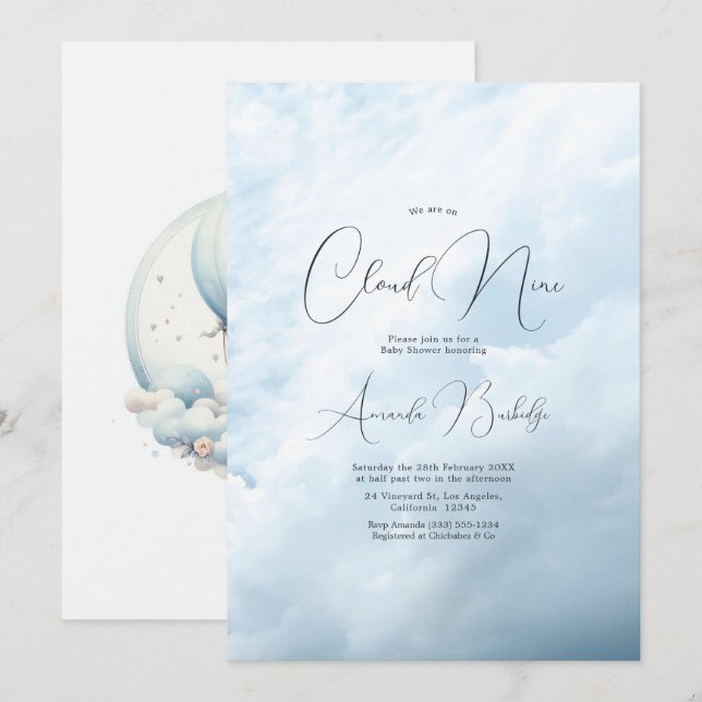 Convites Chuva de Sonhos Baby Shower Cloud 9 (Frente/Verso)