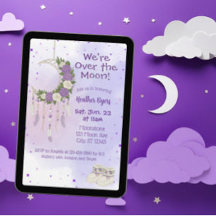 Convites Chuva de Sonhos Roxo Sobre a Lua Baby Shower