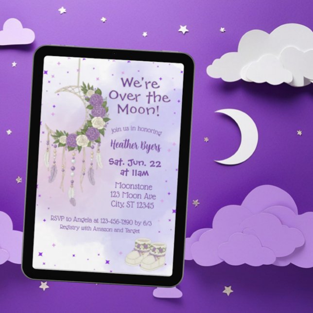Convites Chuva de Sonhos Roxo Sobre a Lua Baby Shower (Criador carregado)