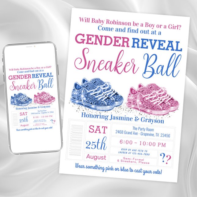 Convites Chuva de Tênis Revelação de Gênero (Sneaker ball gender reveal shower invitation. Instant download and printed invitations available.)