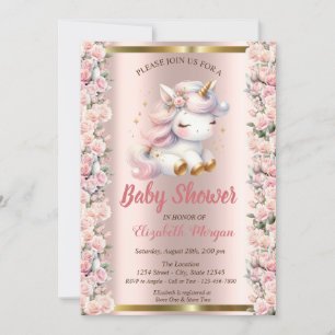 Convites Chuva de Unicórnio Fofa Elegante Rosas Dourado Ros
