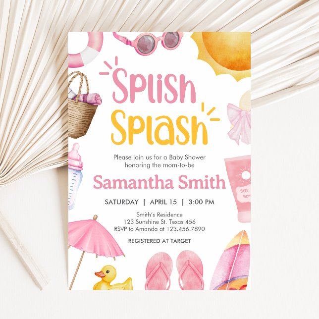 Convites Chuva de Verão Baby Shower (Pink Splish Splash Baby Shower Invitation)