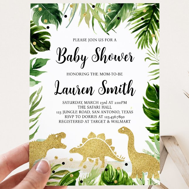 Convites Chuva de Verde Dourado para Bebê Dinossauro  (Criador carregado)
