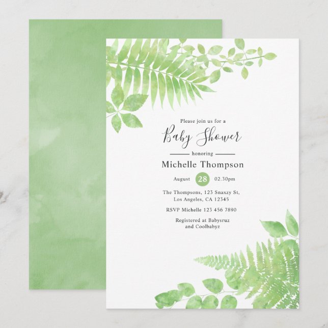 Convites Chuva de Verde em Aquarela Baby Shower (Frente/Verso)