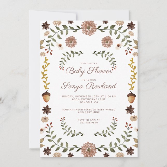 Convites Chuva de Verde Outonal Floral Baby Shower (Frente)