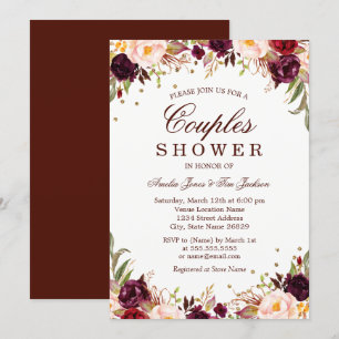 Convites Chuva Elegante Dourada Borgonha Floral para Casais