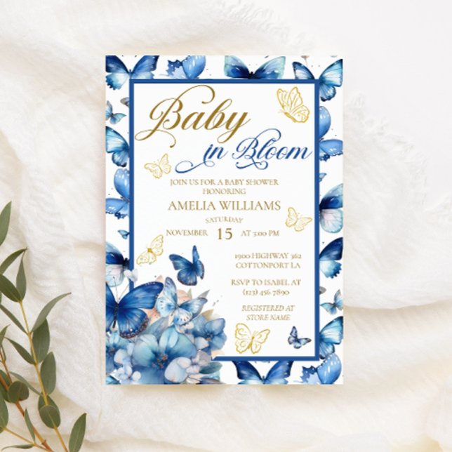 Convites Chuva Floral Azul Dourada Borboleta Bebê em Flor (Criador carregado)