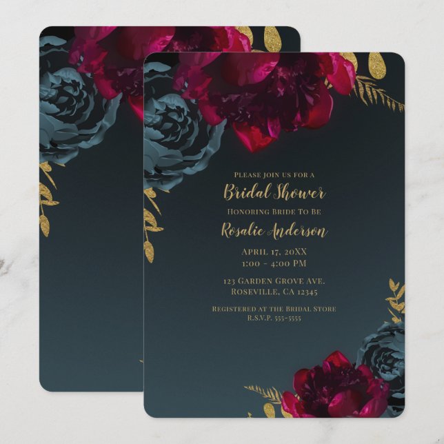 Convites Chuva Floral Azul Escuro Bridal Shower (Frente/Verso)