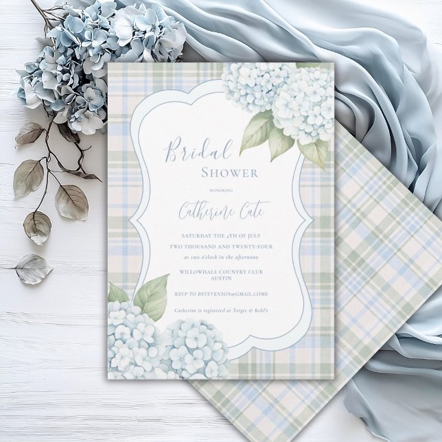 Convites Chuva Floral Azul Hydrangea Xadrez Chás de Noiva  (Criador carregado)