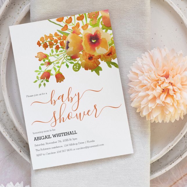 Convites Chuva Floral em Aquarela Laranja de Outono Elegant (Criador carregado)