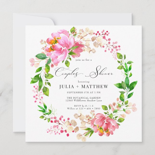 Convites Chuva Floral Pintada à Mão | Coroa de Casais Rosa (Frente)